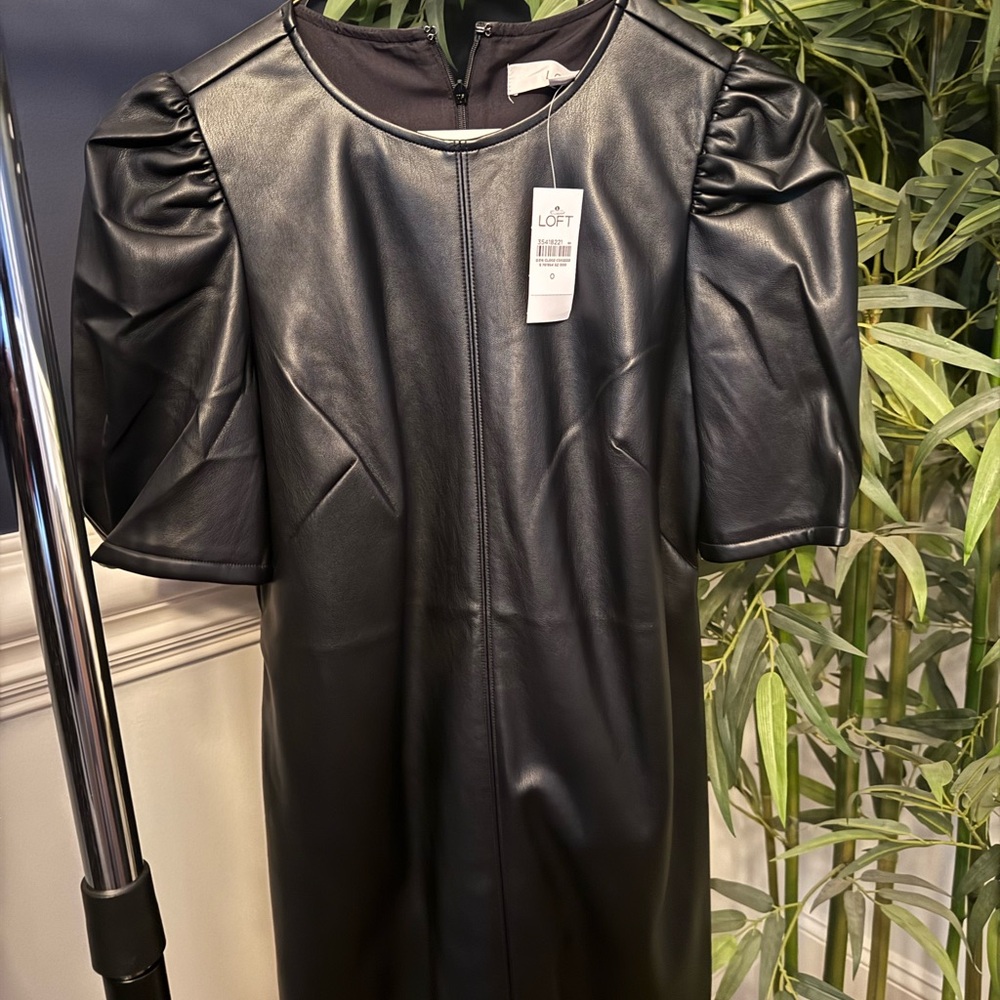 LOFT Black Faux Leather Puff Sleeve Dress